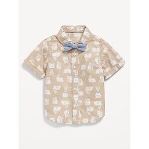 Old‎ Navy Baby Boys Tan Bunny Print Short Sleeve Button Up Shirt Bowtie 0-3M